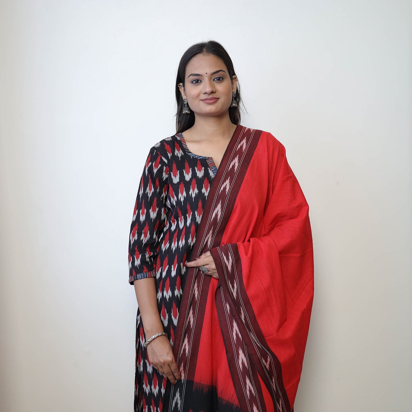  Black Handloom Cotton Pochampally Ikat Kurta Set 