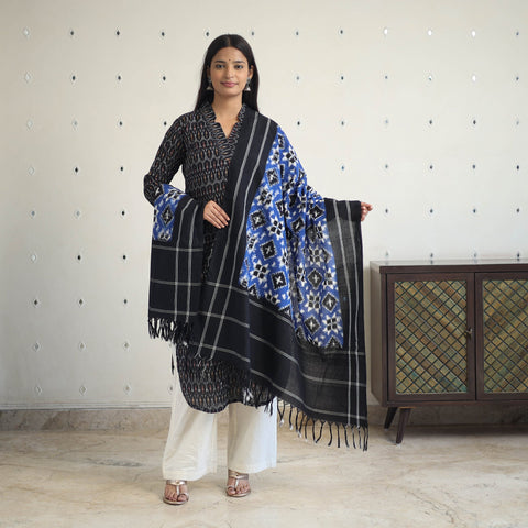 Black Handloom Cotton Pochampally Ikat Kurta Set (Set of 3)