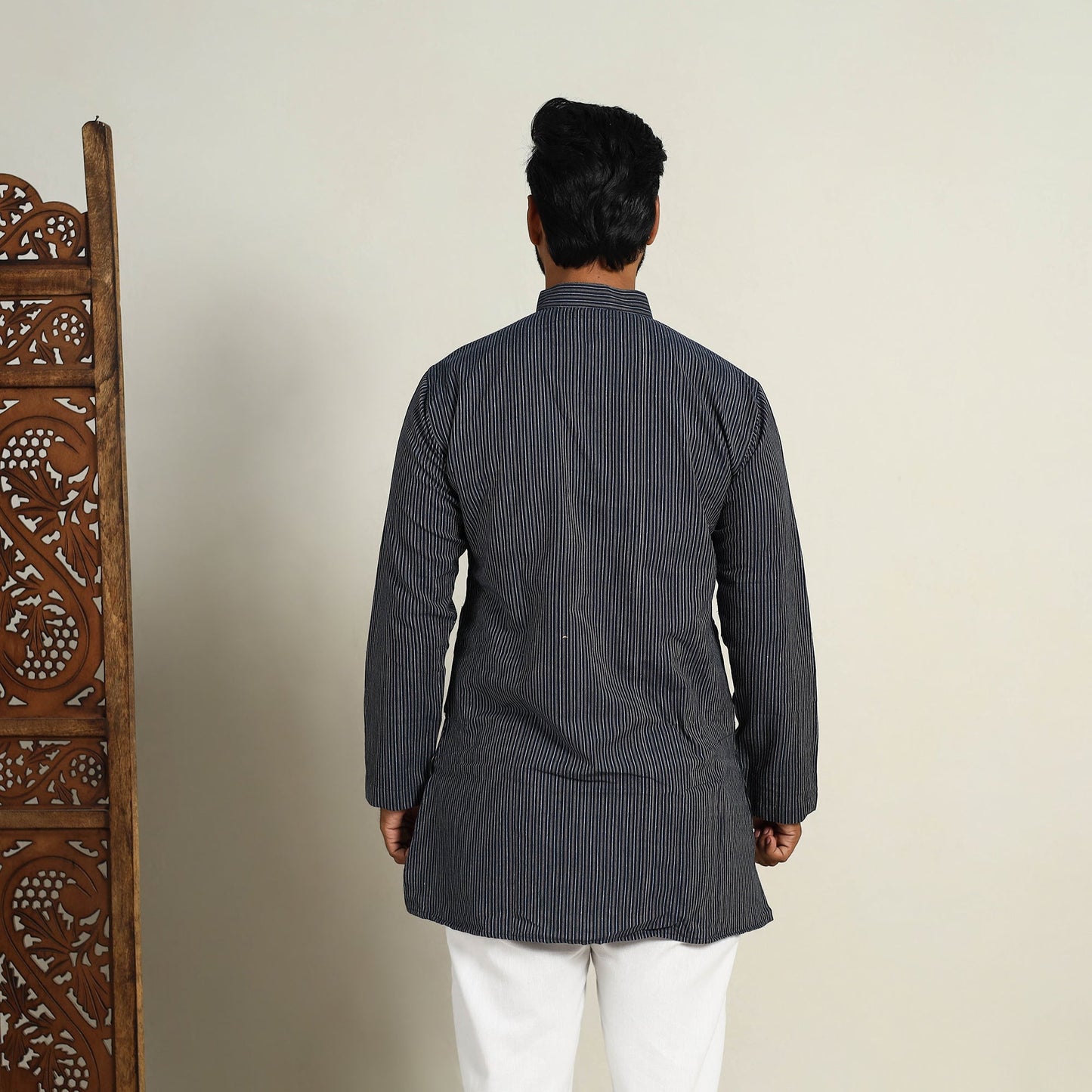 Buy Handloom Cotton Stripe Short Black Men Plain Kurta