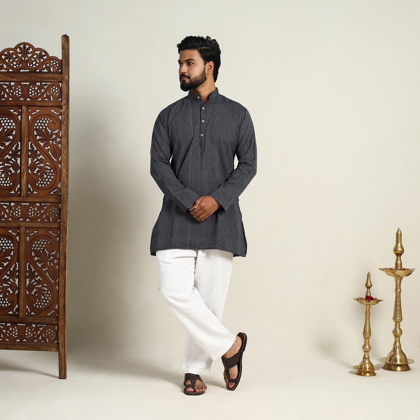 Buy Handloom Cotton Stripe Short Black Men Plain Kurta