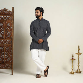 Buy Handloom Cotton Stripe Short Black Men Plain Kurta