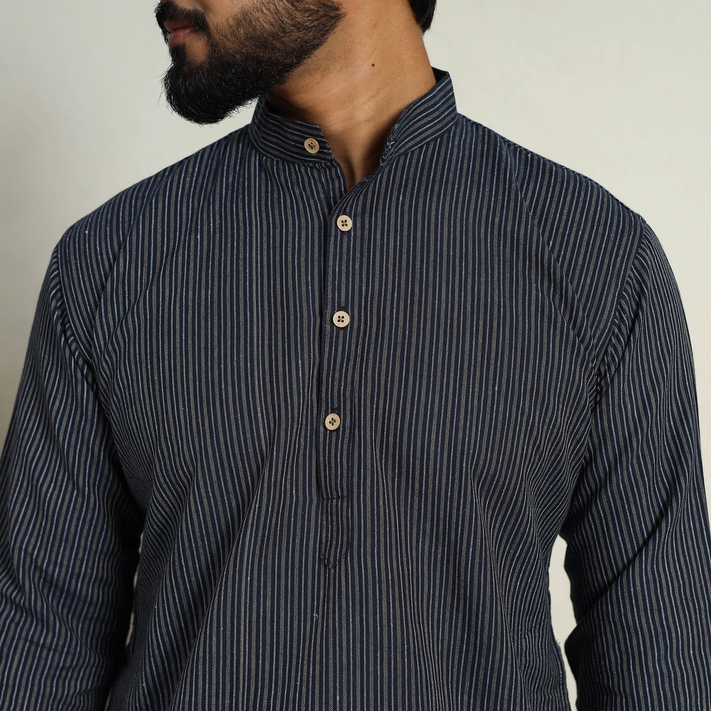 Buy Handloom Cotton Stripe Short Black Men Plain Kurta