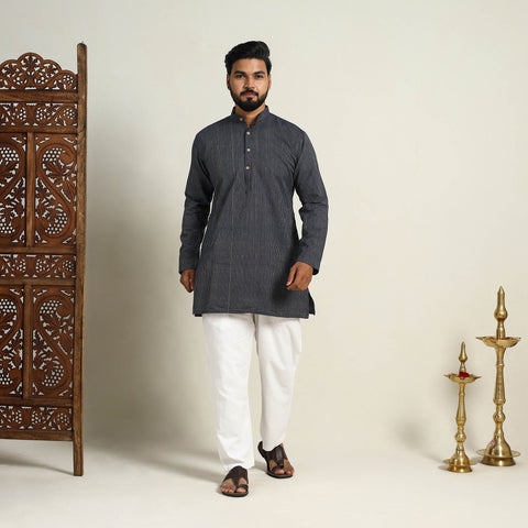 Buy Handloom Cotton Stripe Short Black Men Plain Kurta