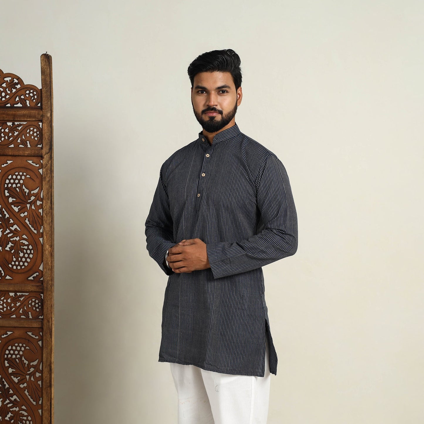 Buy Handloom Cotton Stripe Short Black Men Plain Kurta