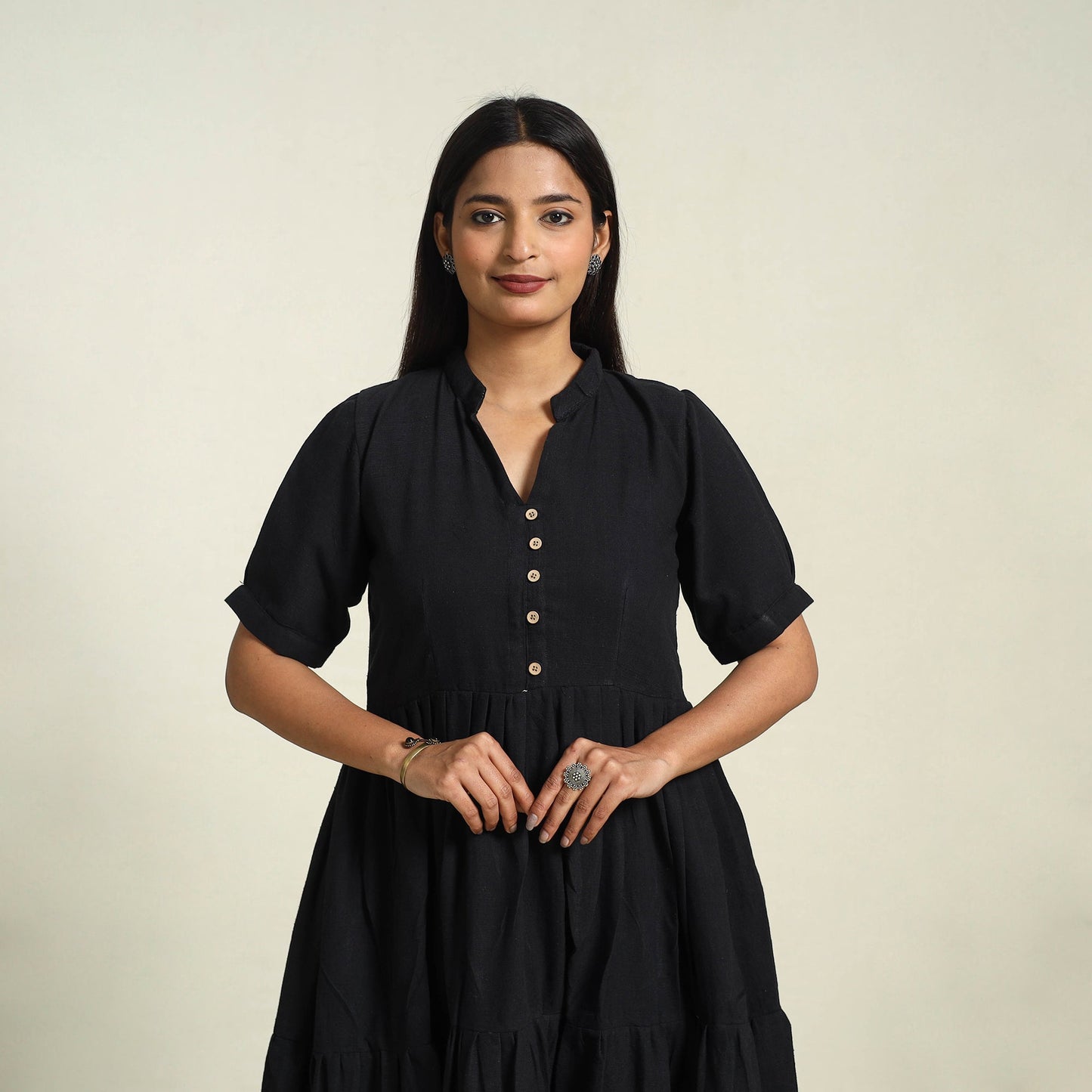  Black Handloom Cotton Tiered Plain Dress