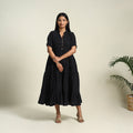  Black Handloom Cotton Tiered Plain Dress