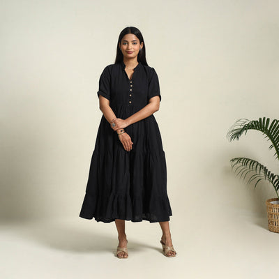  Black Handloom Cotton Tiered Plain Dress