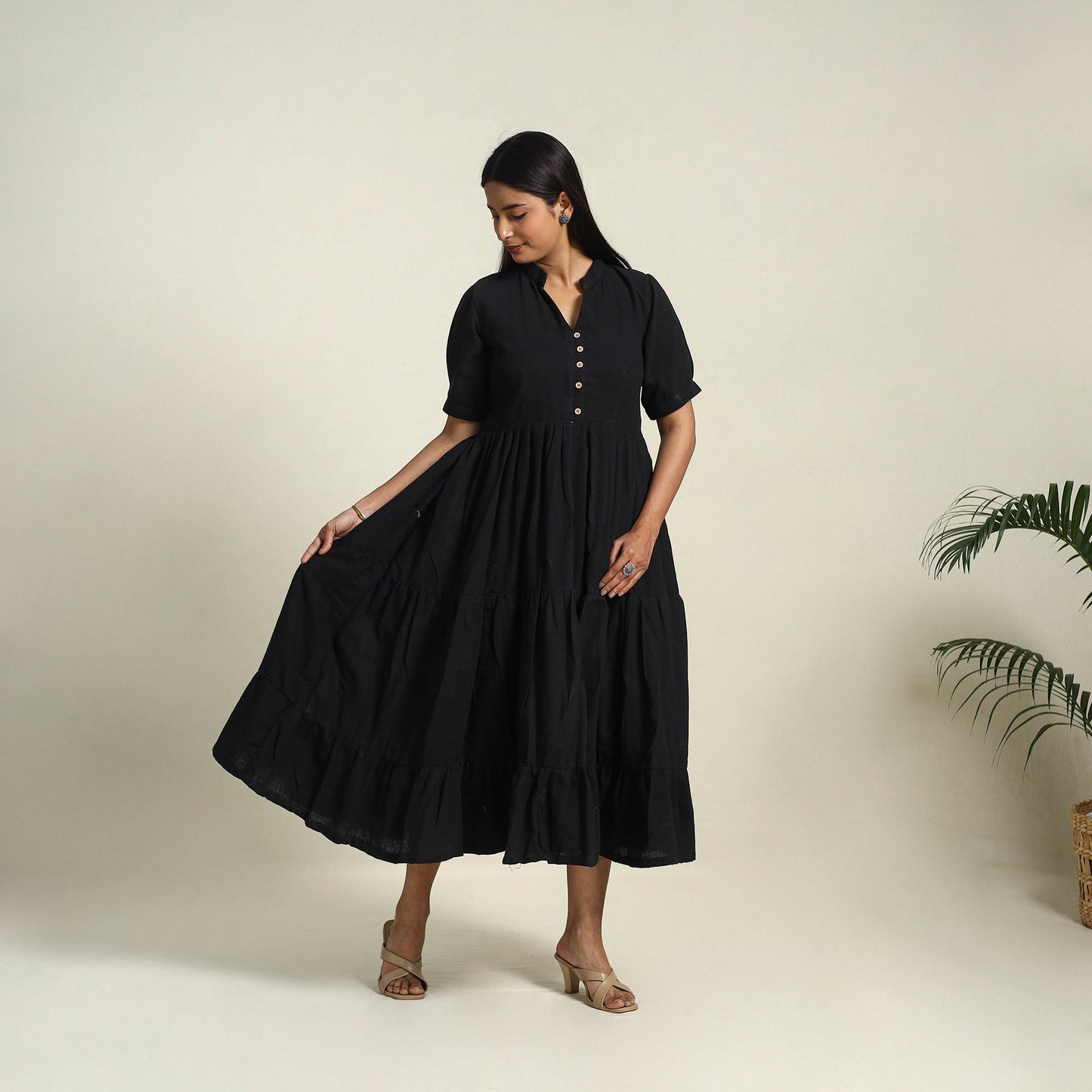 Black Handloom Cotton Tiered Plain Dress