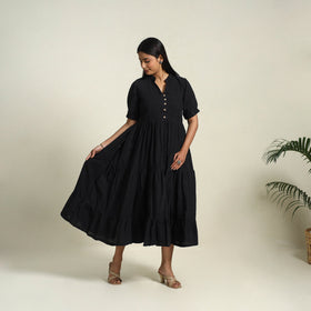  Black Handloom Cotton Tiered Plain Dress