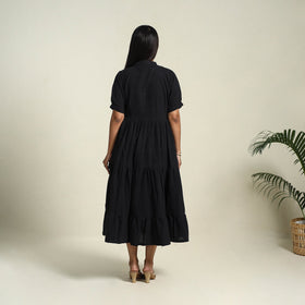  Black Handloom Cotton Tiered Plain Dress
