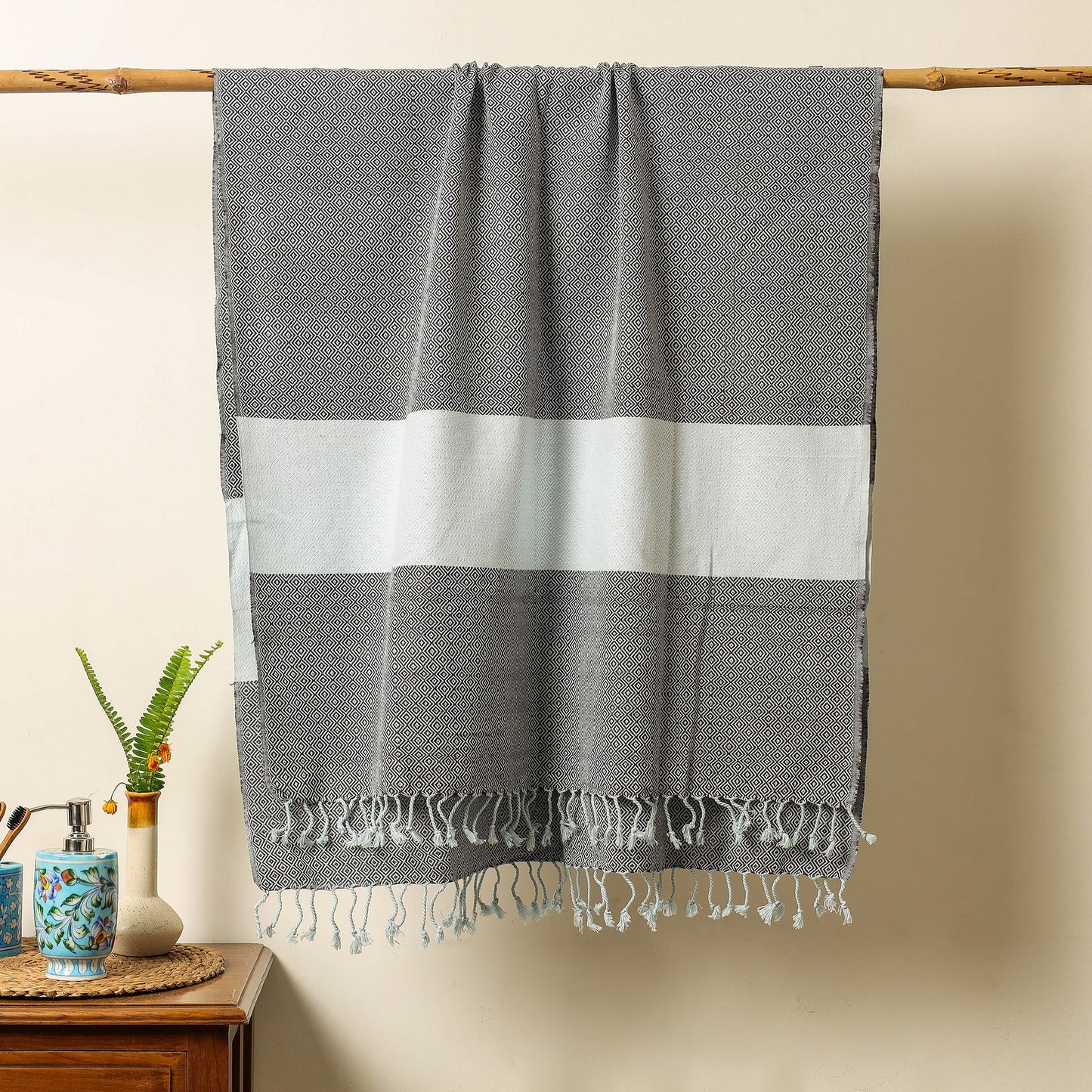 Black - Handloom Cotton Towel with Tassels from Bijnor by Nizam