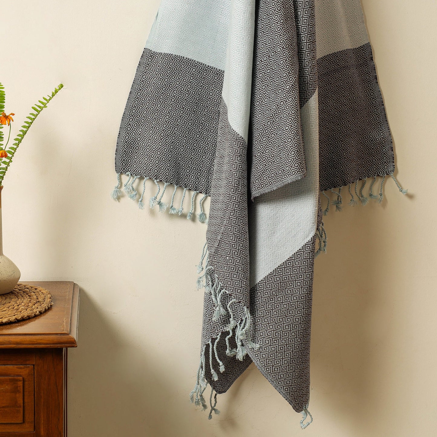 Black - Handloom Cotton Towel with Tassels from Bijnor by Nizam