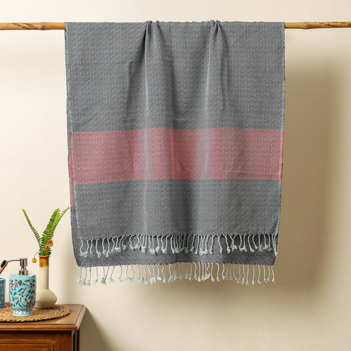 Black - Handloom Cotton Towel with Tassels from Bijnor by Nizam