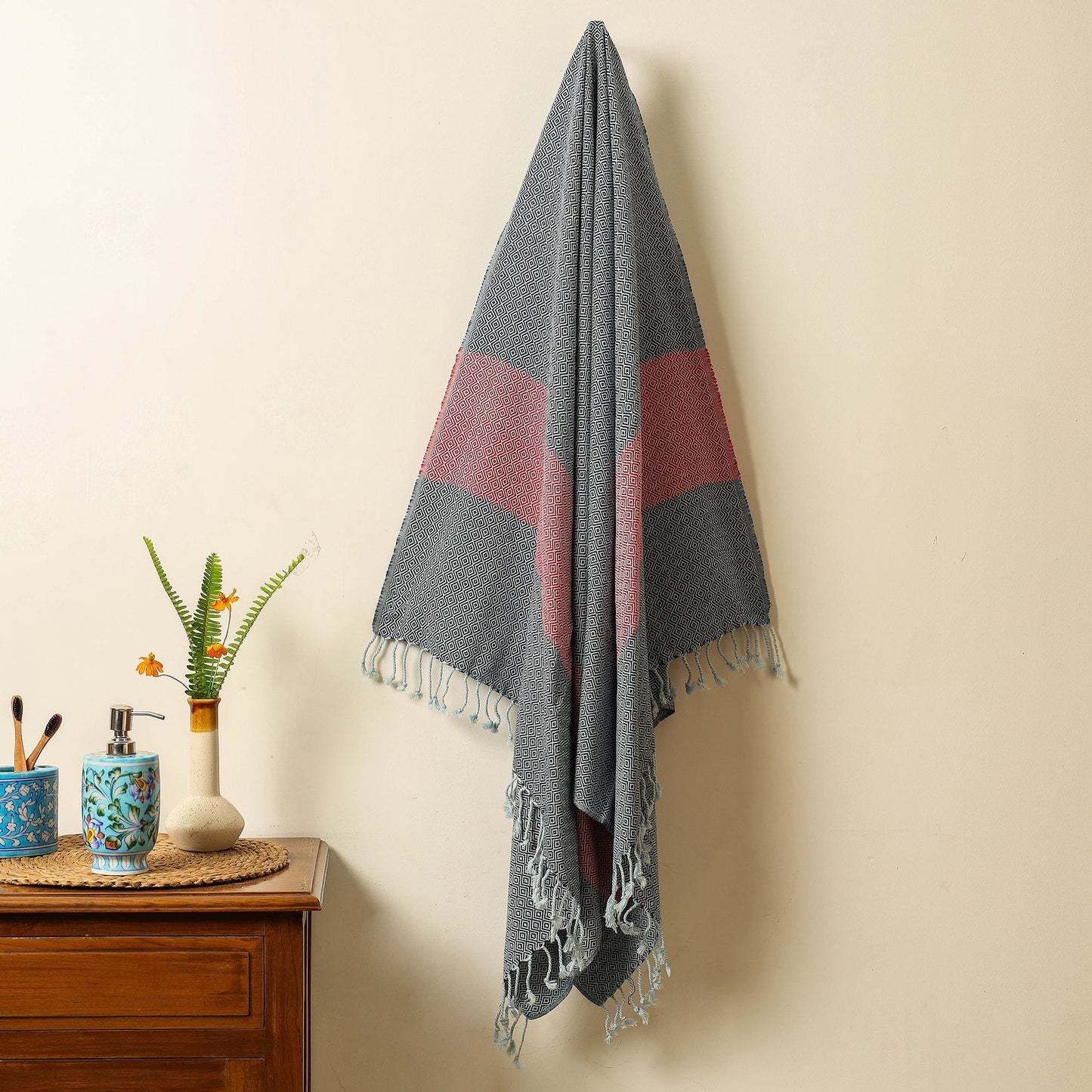 Black - Handloom Cotton Towel with Tassels from Bijnor by Nizam