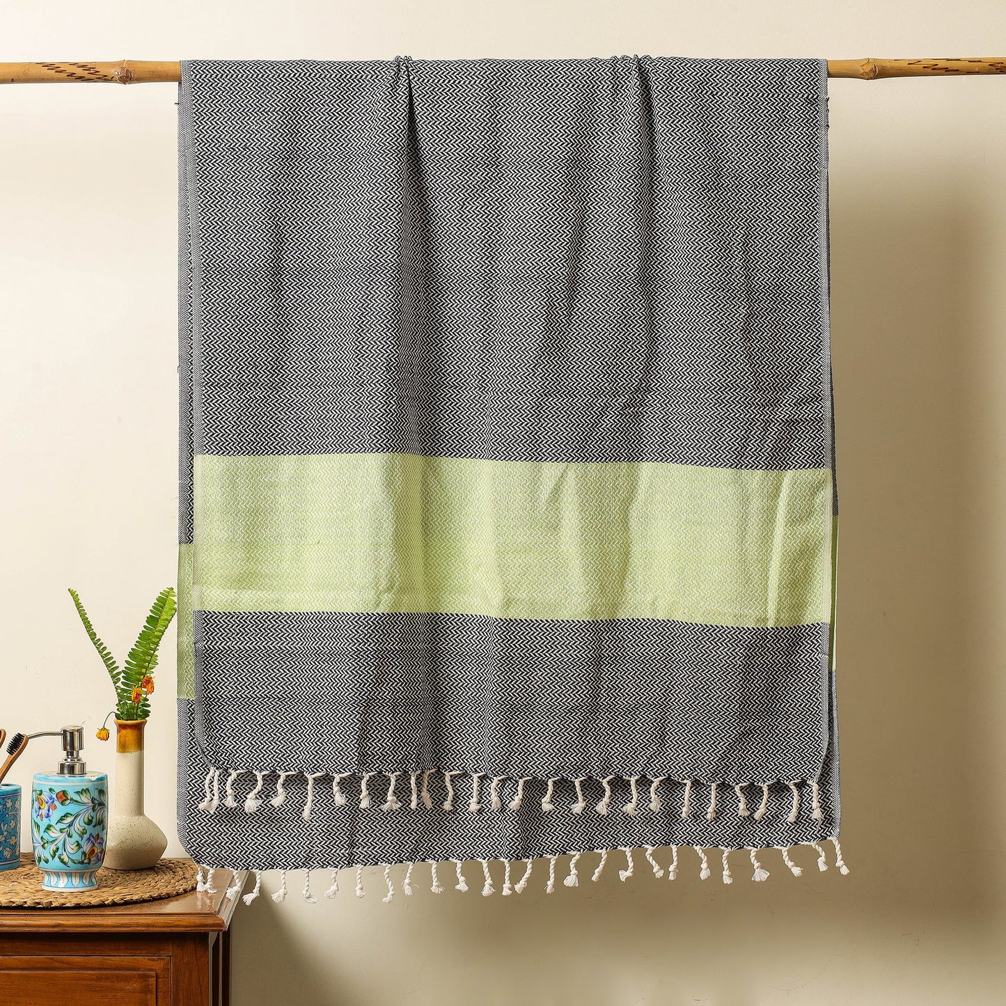 Black - Handloom Cotton Towel with Tassels from Bijnor by Nizam