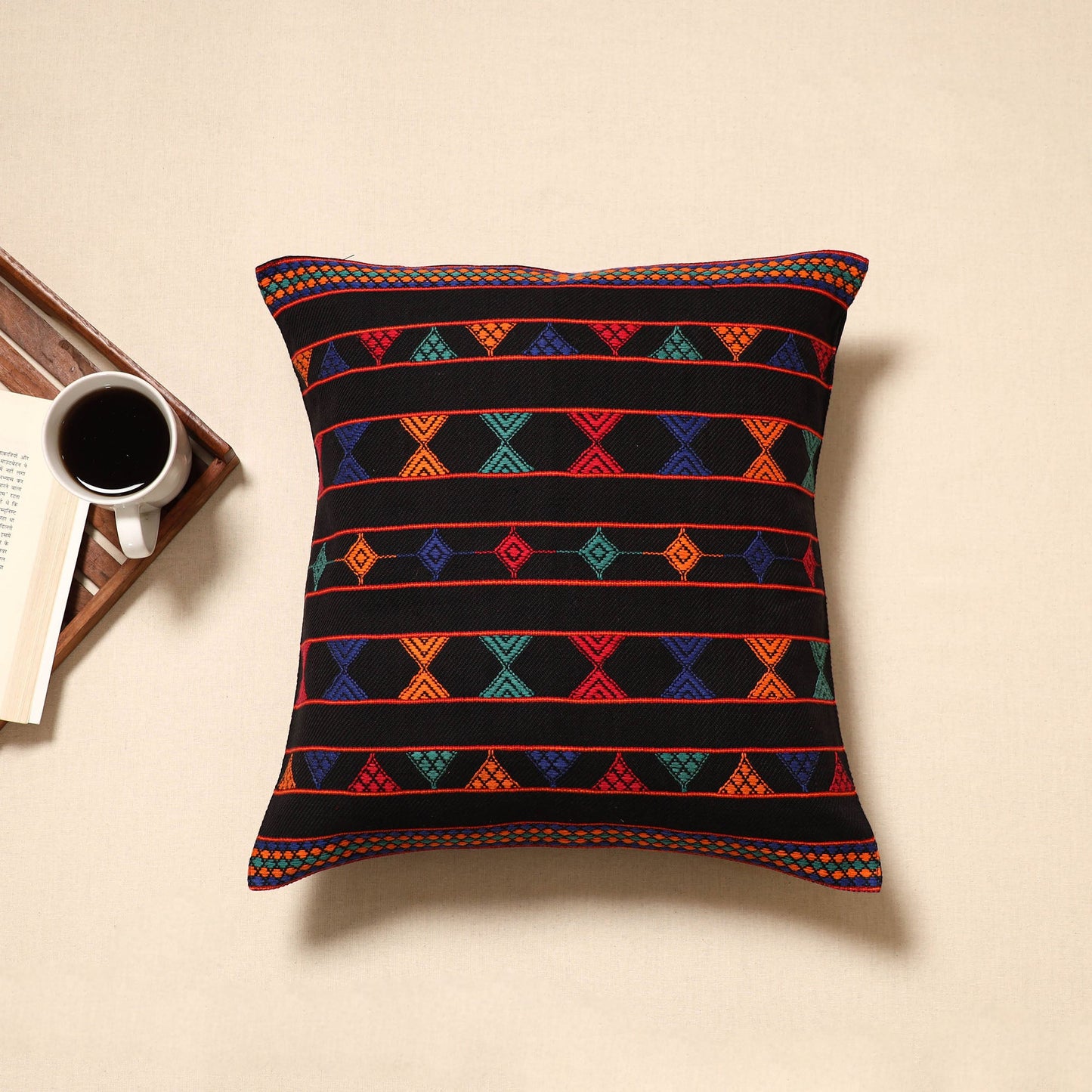 Black - handloom cotton urmul kashida stitch cushion cover