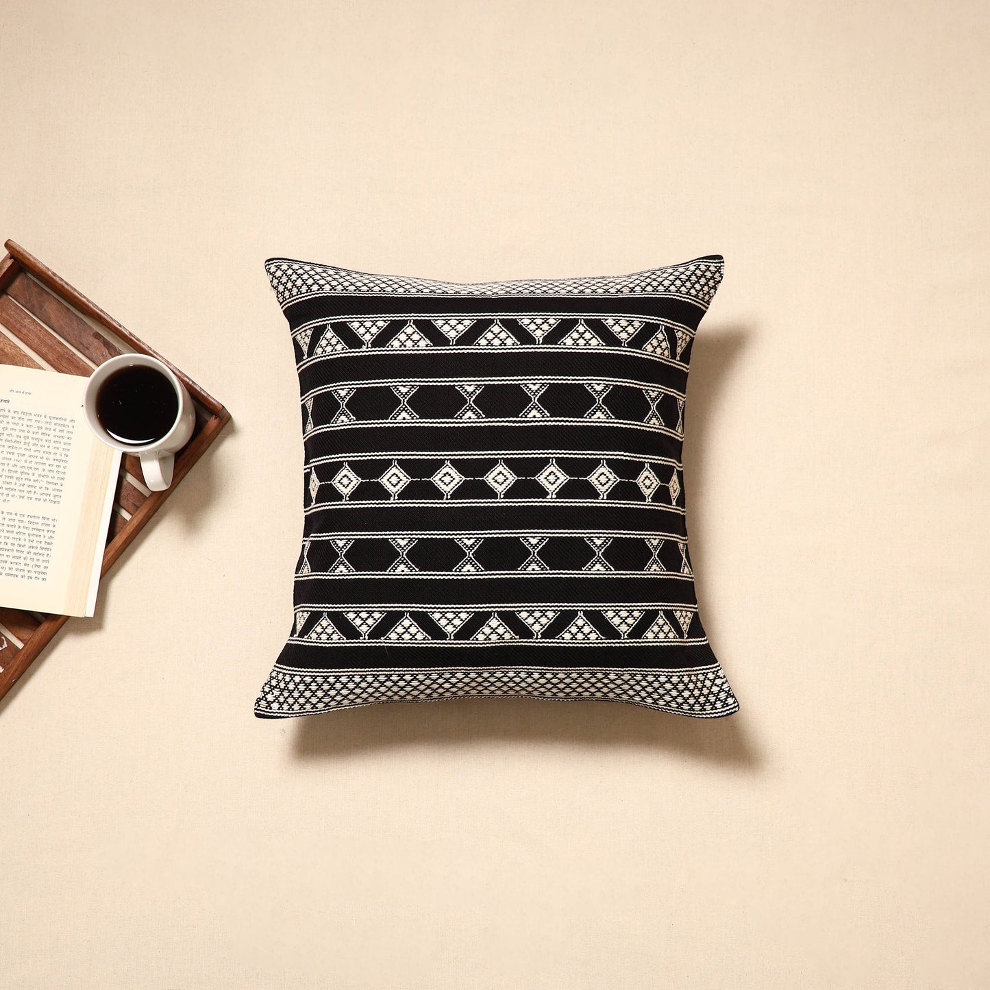 Black - handloom cotton urmul kashida stitch cushion cover