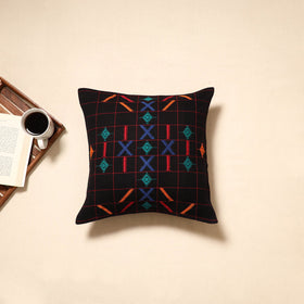 Black - handloom cotton urmul kashida stitch cushion cover