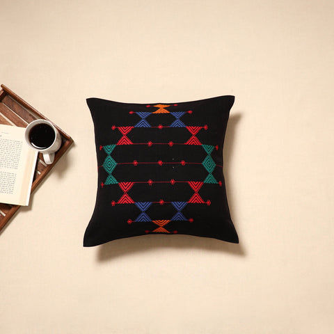 Black - handloom cotton urmul kashida stitch cushion cover