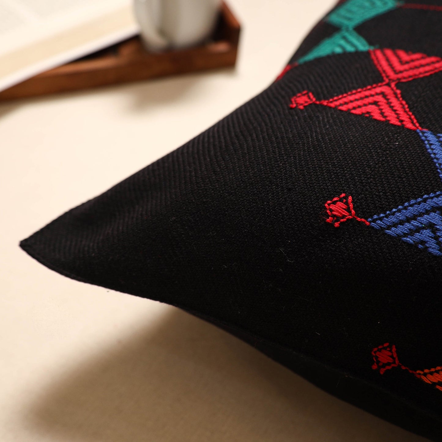 Black - handloom cotton urmul kashida stitch cushion cover