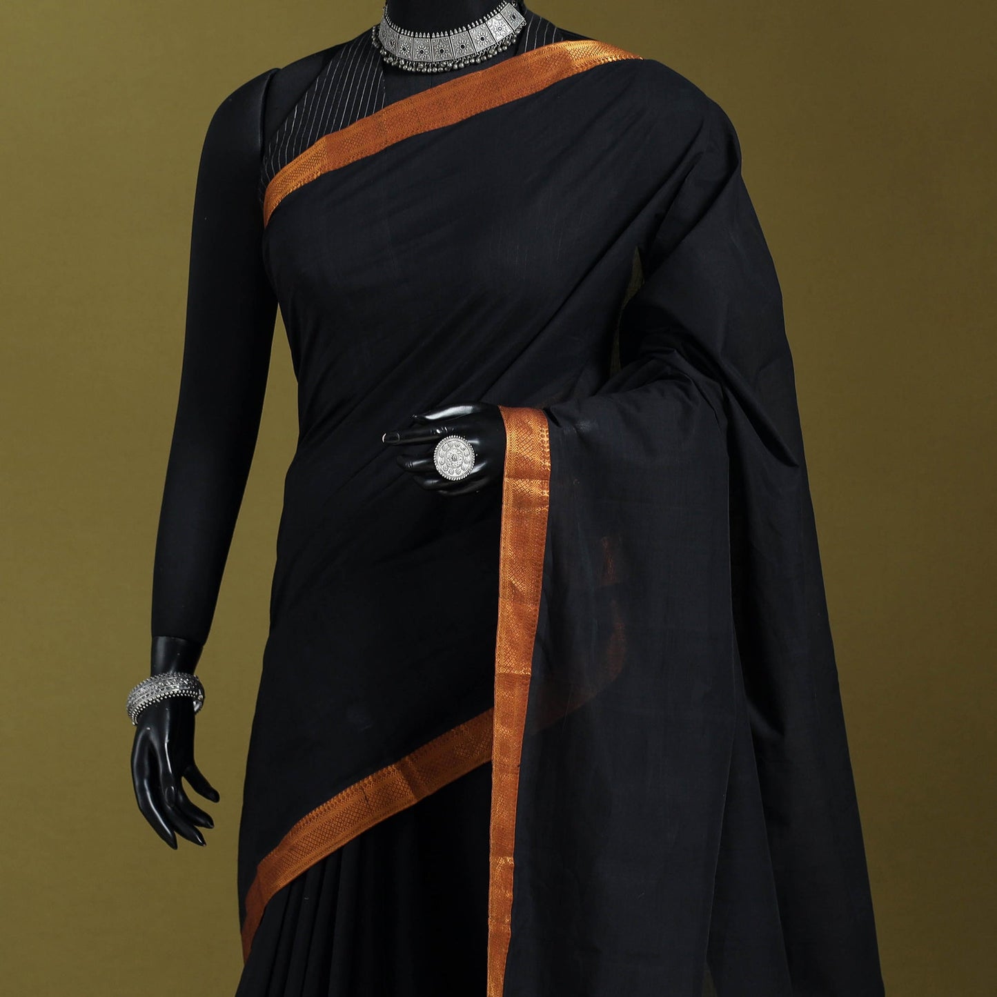 Black - handloom cotton zari border mangalagiri saree 04