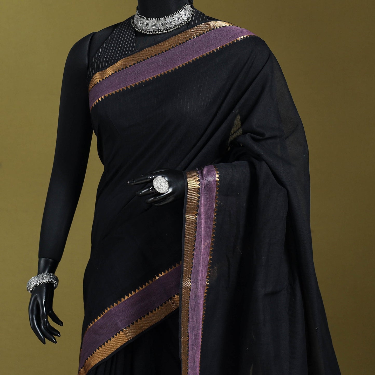 Black - handloom cotton zari border mangalagiri saree 26