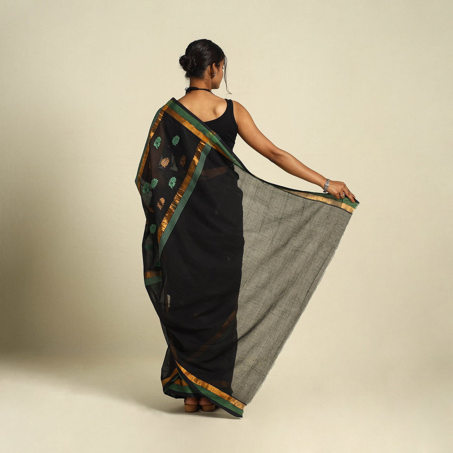  Black Handloom Cotton Zari & Thread Buti Venkatagiri Saree