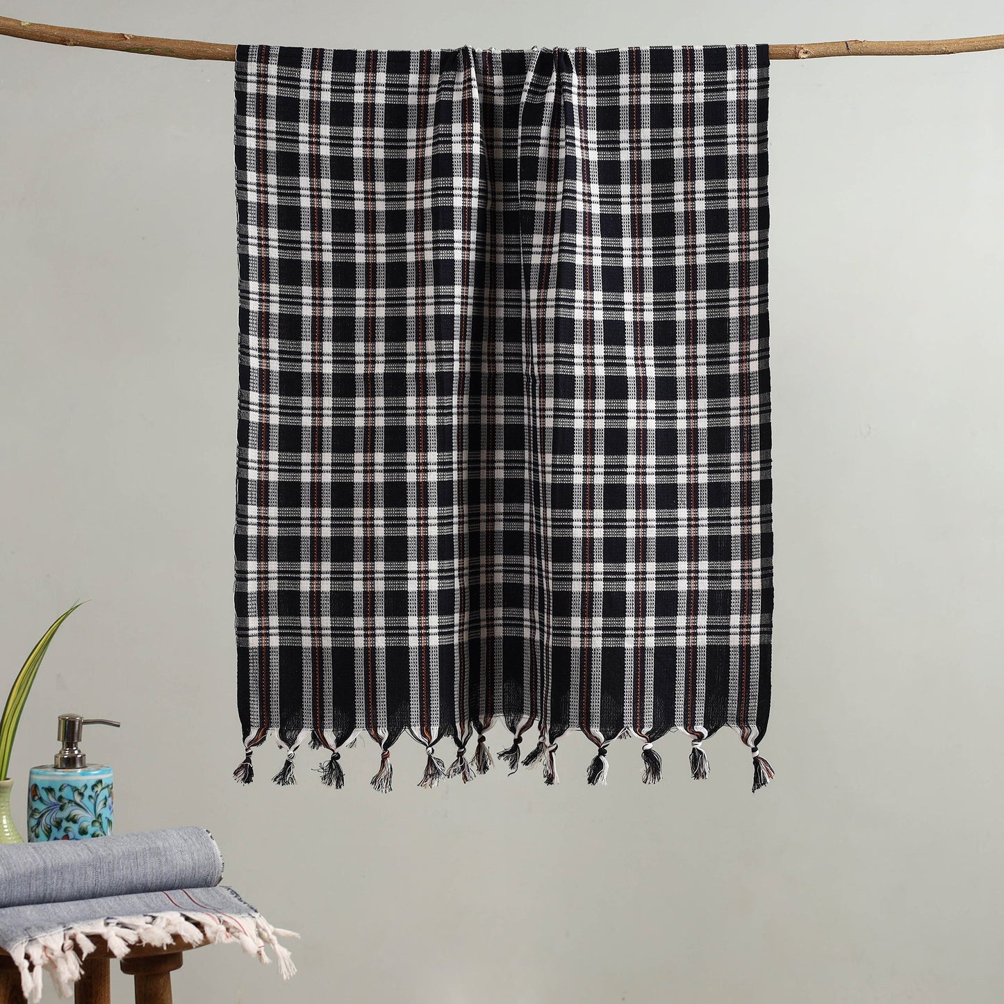Black Handloom Fine Cotton Checks Bath Towel