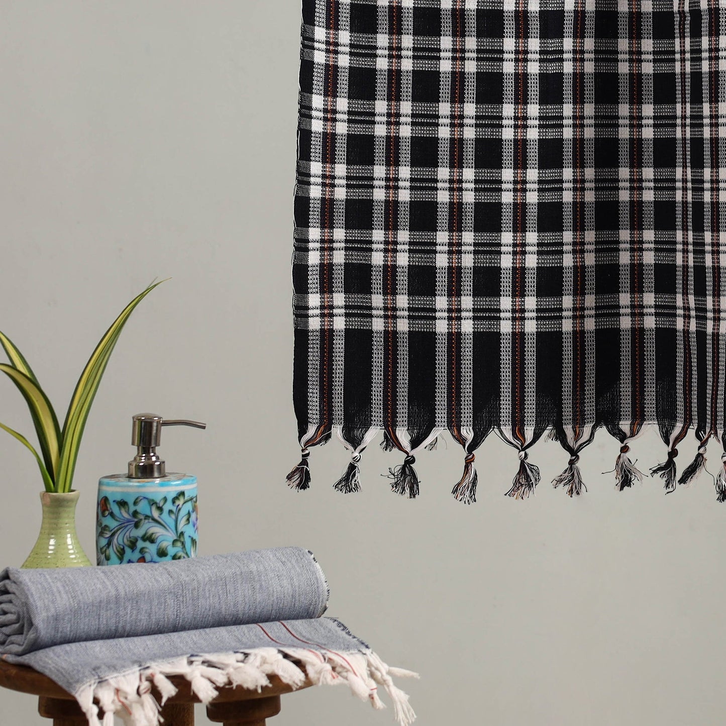 Black Handloom Fine Cotton Checks Bath Towel