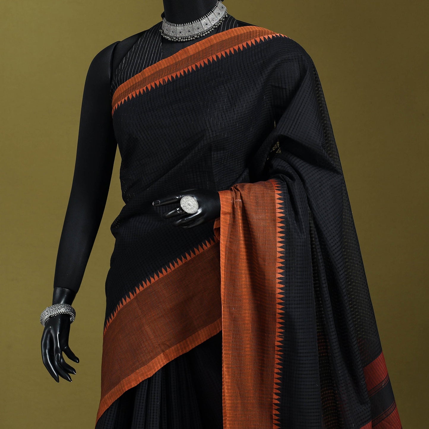 Black - handloom missing checks cotton thread border