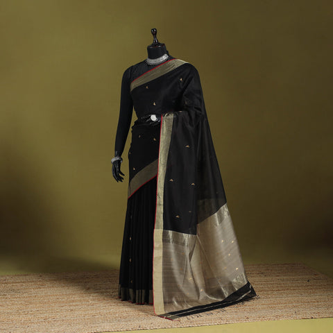 Black - handloom silk cotton buti maheshwari saree