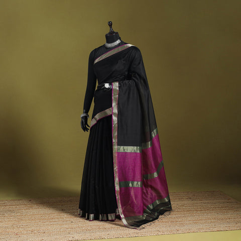 Black - handloom silk cotton maheshwari saree with zari