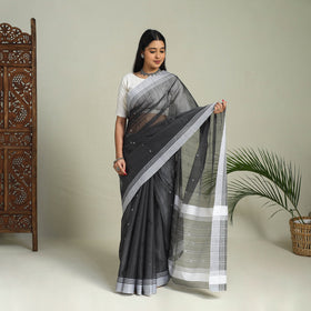 Buy Black Handloom Thread Buti Chanderi Cotton Saree