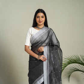 Buy Black Handloom Thread Buti Chanderi Cotton Saree