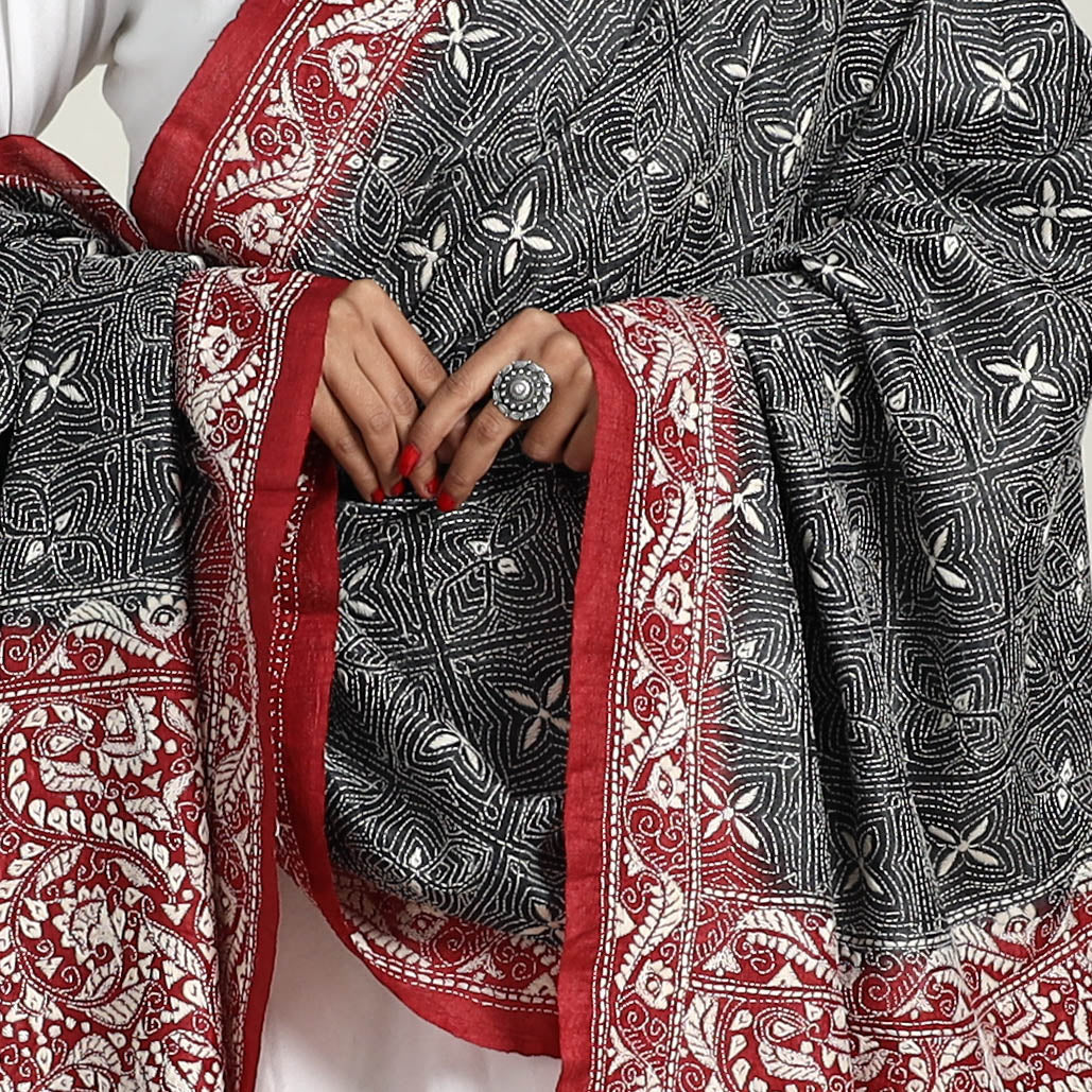 Black - handloom tussar silk bengal kantha embroidery