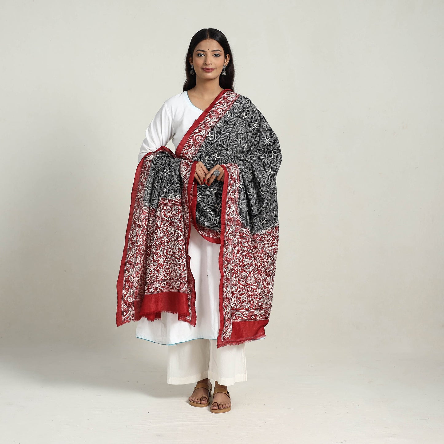 Black - handloom tussar silk bengal kantha embroidery