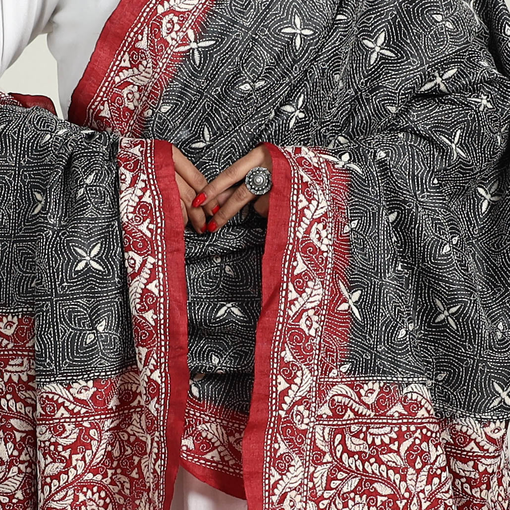 Black - handloom tussar silk bengal kantha embroidery