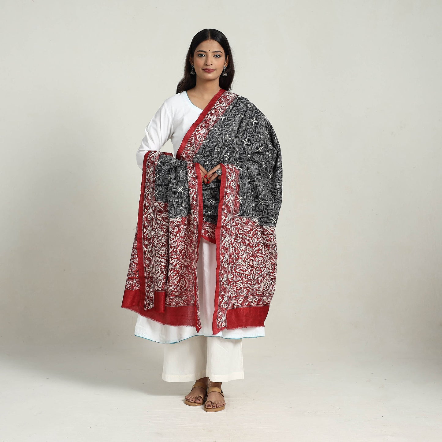 Black - handloom tussar silk bengal kantha embroidery