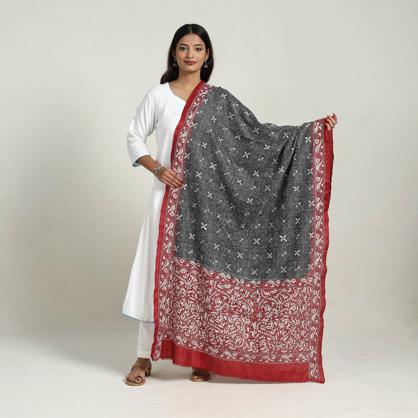 Black - handloom tussar silk bengal kantha embroidery