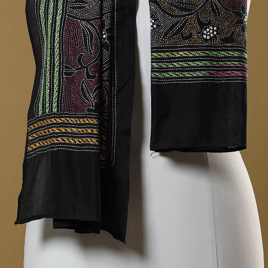 Black - handloom tussar silk bengal kantha work stole 06