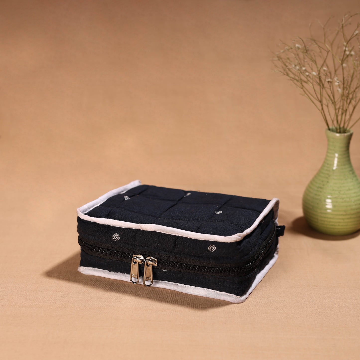 Black Handmade 4 Pockets Cotton Jewellery Bag