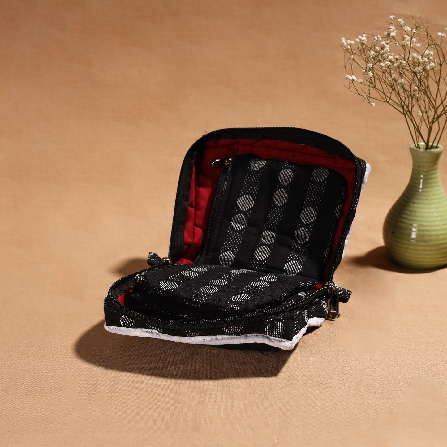 Black Handmade 4 Pockets Cotton Jewellery Bag