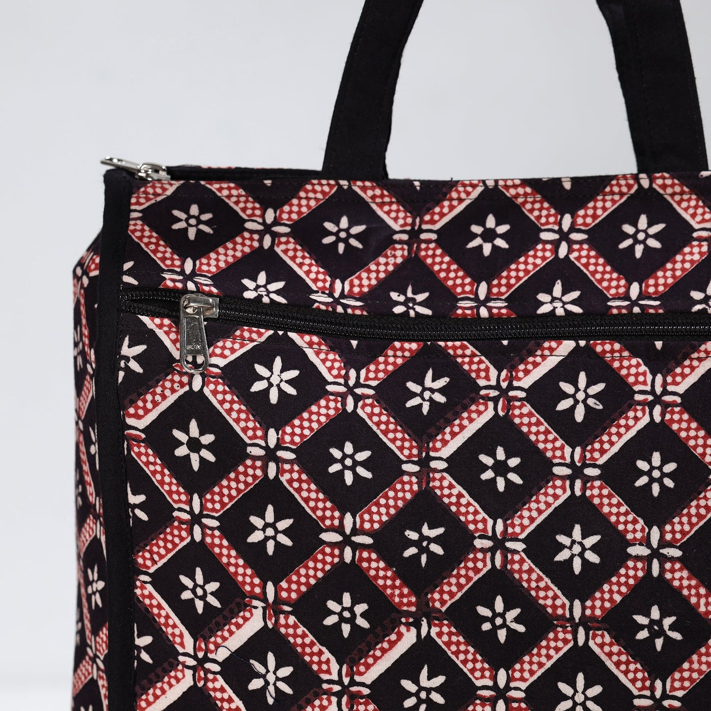 Black Handmade Bagh Block Printed Cotton Shopping Bag 19