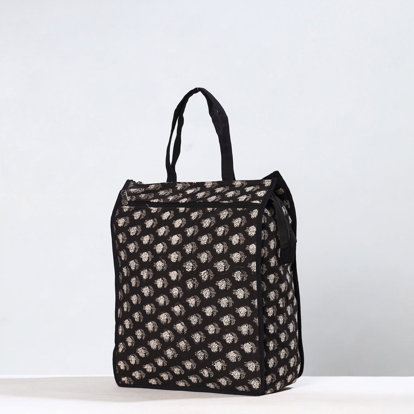 Black Handmade Bagru Block Printed Cotton Shopping Bag 03
