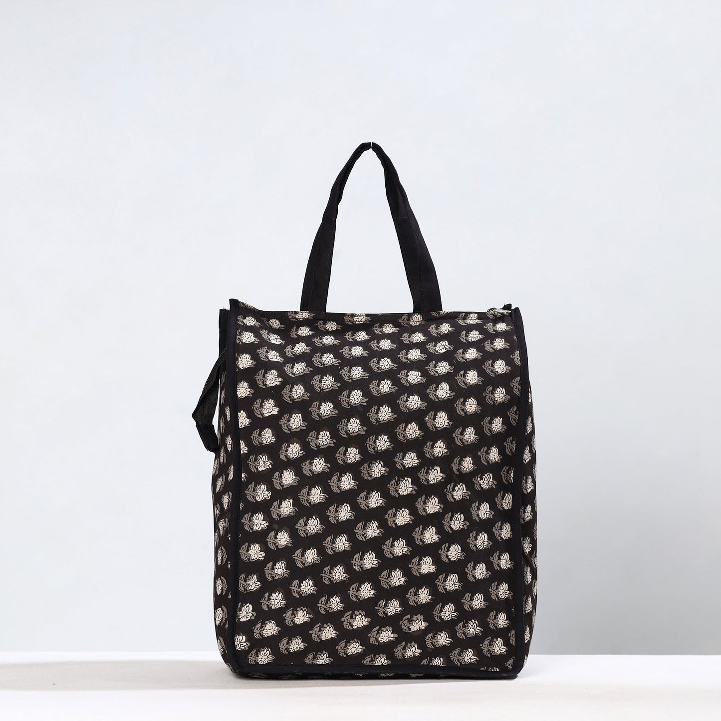 Black Handmade Bagru Block Printed Cotton Shopping Bag 03