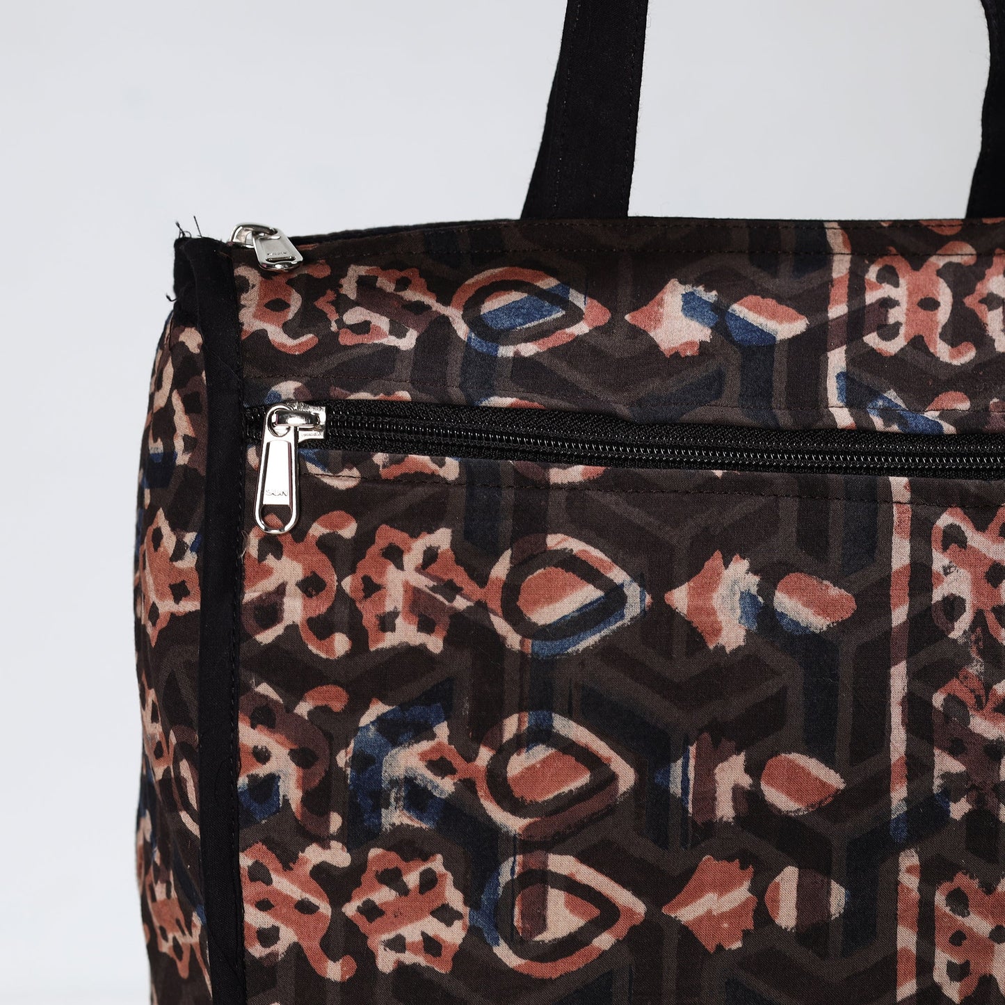 Black Handmade Bagru Block Printed Cotton Shopping Bag 03