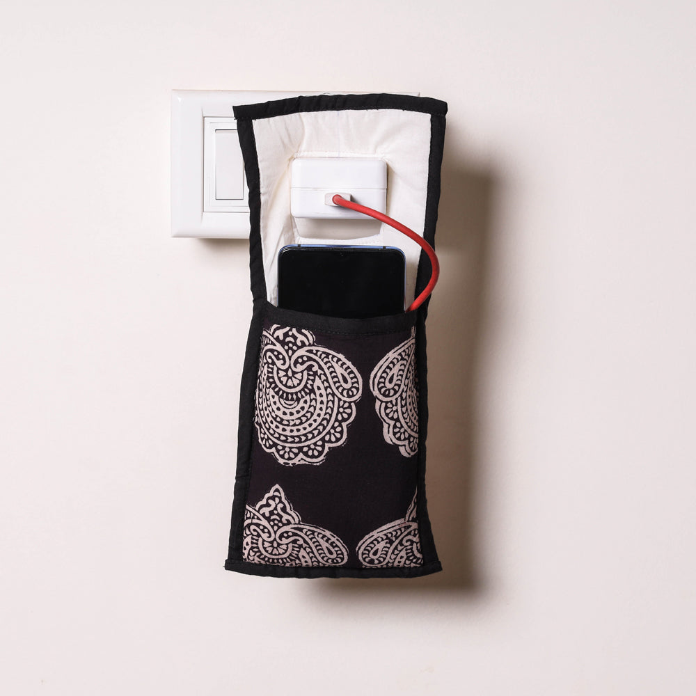 Black  Handmade Cotton Fabric Mobile Charging Holder 