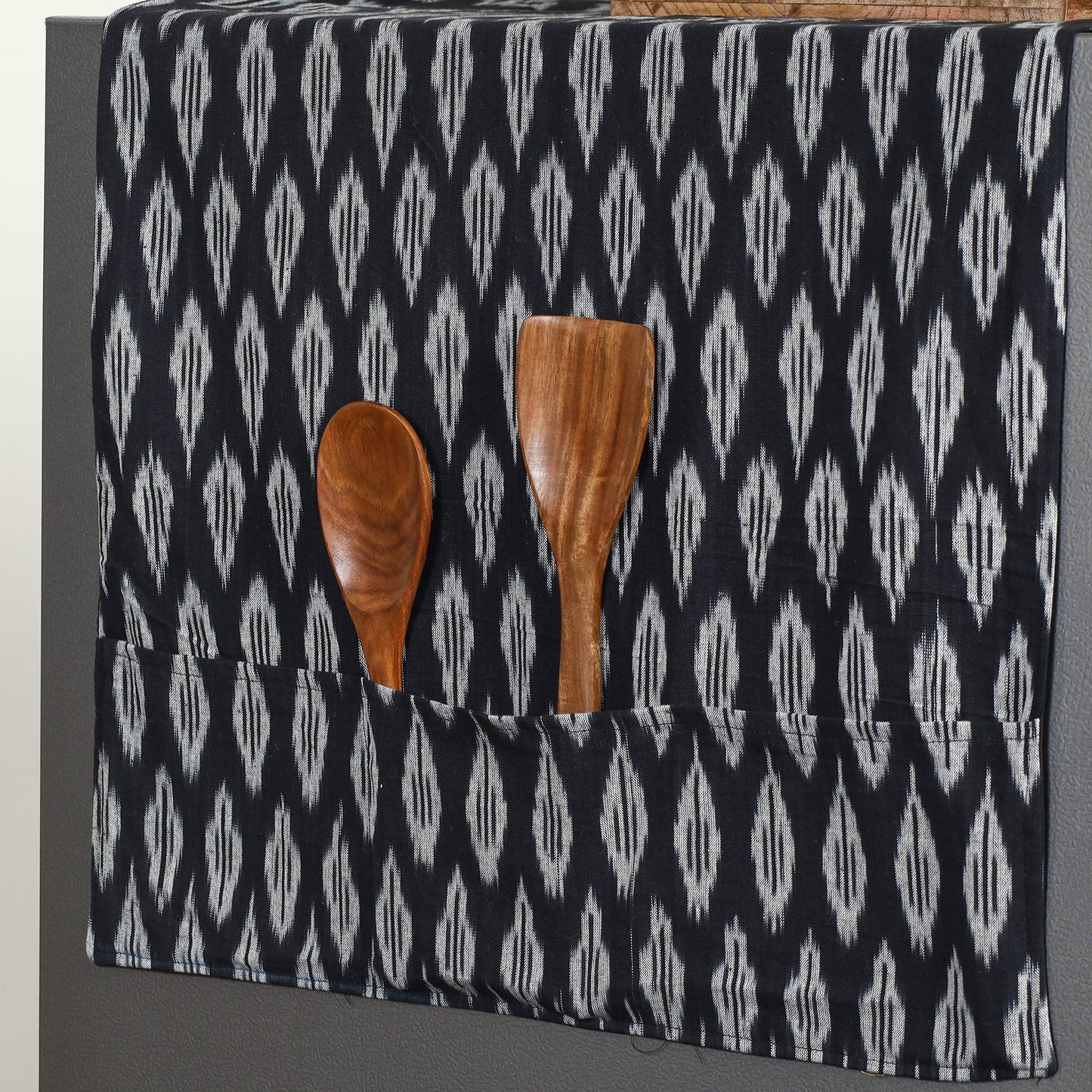 Black Handmade Cotton Fridge Top Cover with Multiple Pockets