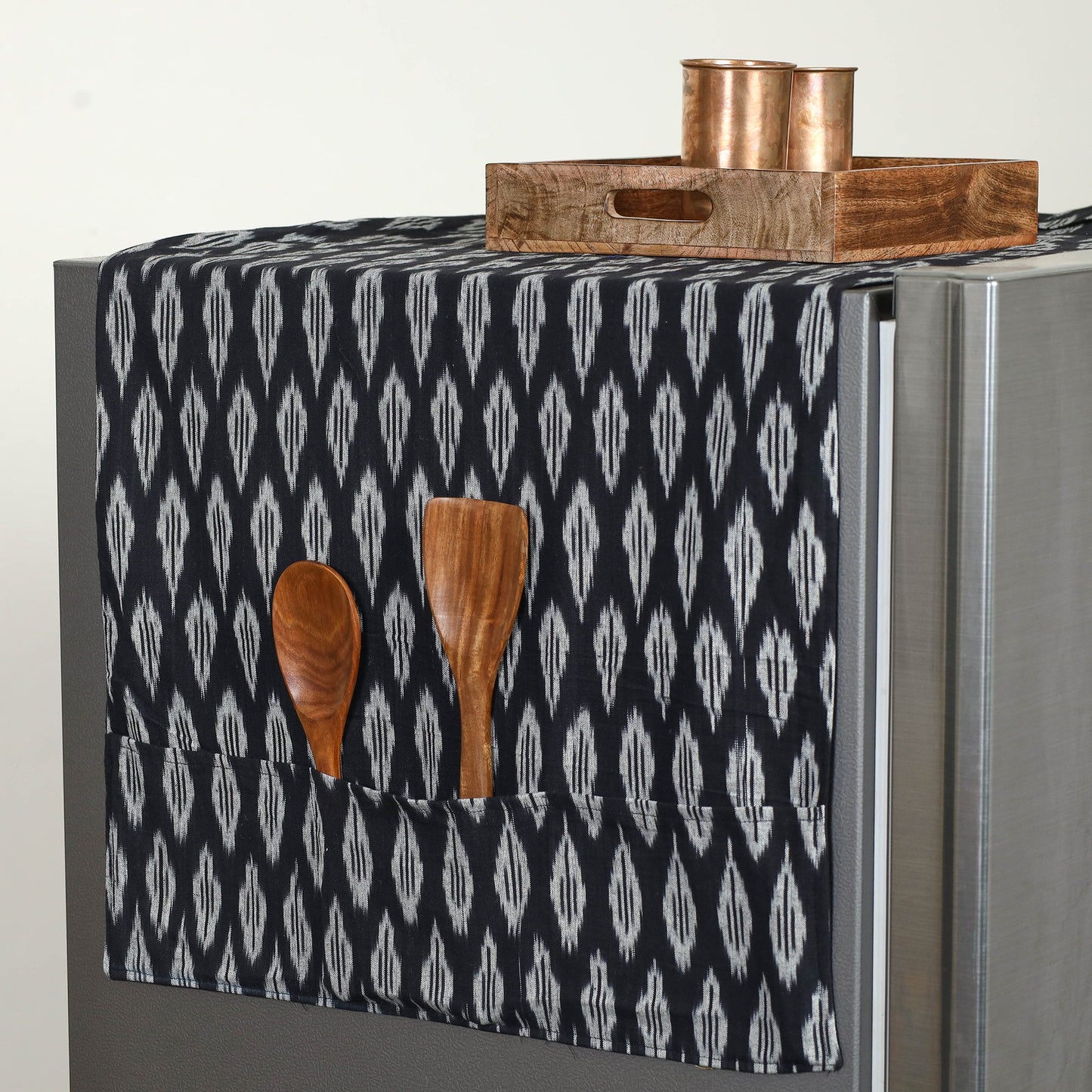 Black Handmade Cotton Fridge Top Cover with Multiple Pockets