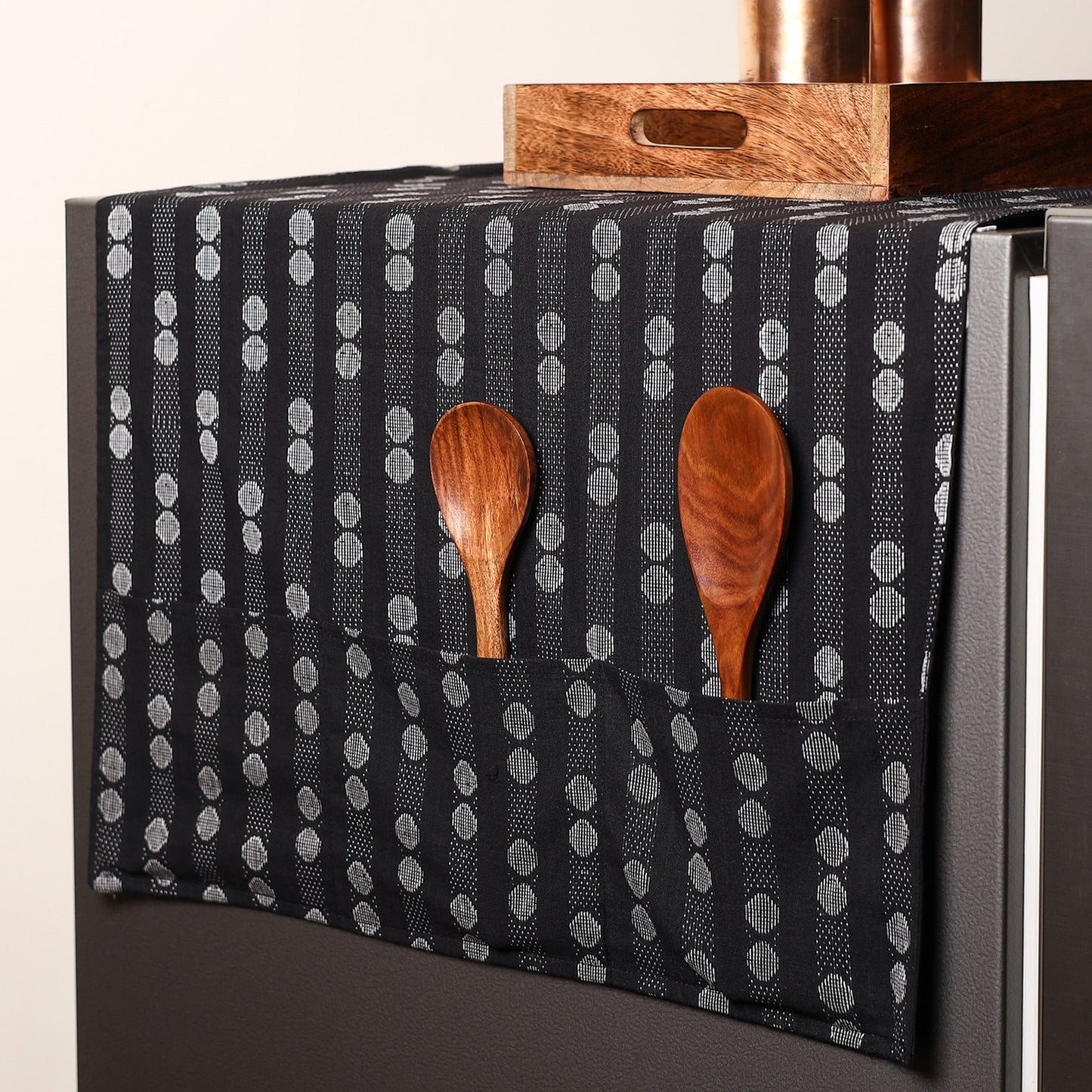 Black Handmade Cotton Fridge Top Cover with Multiple Pockets